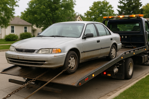 Tow truck loading an old sedan during a junk car removal pickup in Hazel Park, MI.